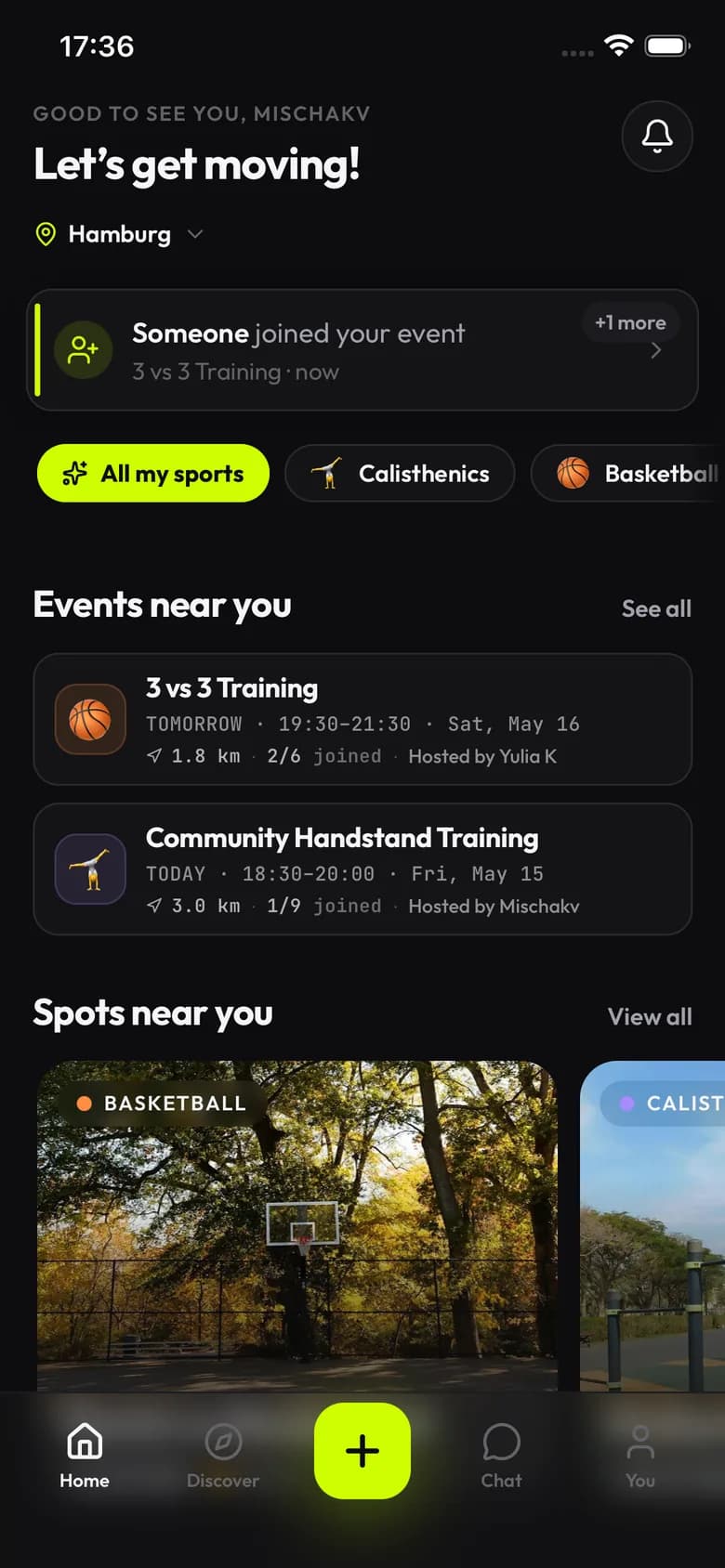 FitUrbia mobile home screen